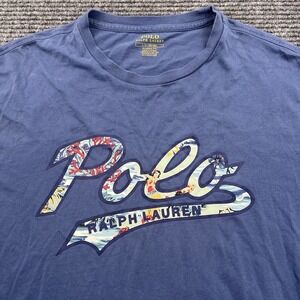 Polo Ralph Lauren Men's Large Blue Spell Out Hawaiian Print T Shirt Hula